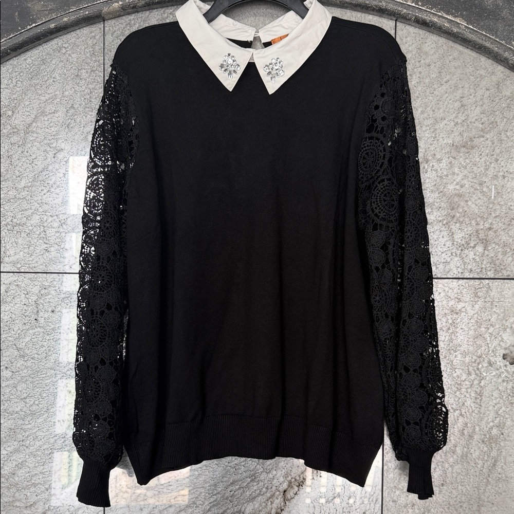 Belldini Black Top with Lace Sleeves and Rhinestone Embellished White Collar